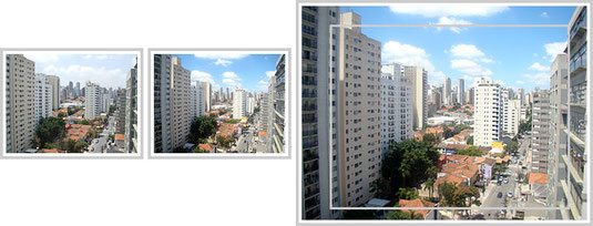 A 1ª foto foi capturada por uma câmera com lente de 38 mm. A 2ª foto foi capturada por uma câmera com lente de 31 mm. A 3ª foto mostra o que foi capturado pela lente de 38 mm (dentro da borda) em relação à mais larga, de 31 mm (fora da borda).