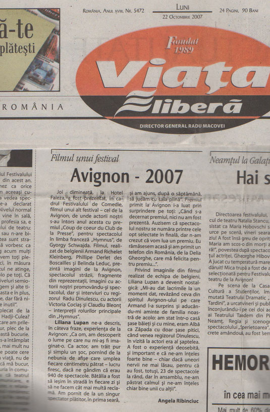  Article de la presse roumaine - Avignon 2007 : Les Roumains engagent une compagnie belge : Les Spectacles Kleinberg avec Armand Richelet et Philippe Derlet 