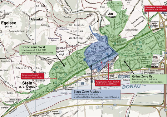 Grafik: Das Konzept, welches die Arbeitsgruppe Parken erarbeitet hat, sieht die Erweiterung der Grünen Zone in zentrumsnahen Bereichen vor. Foto: Stadt Krems