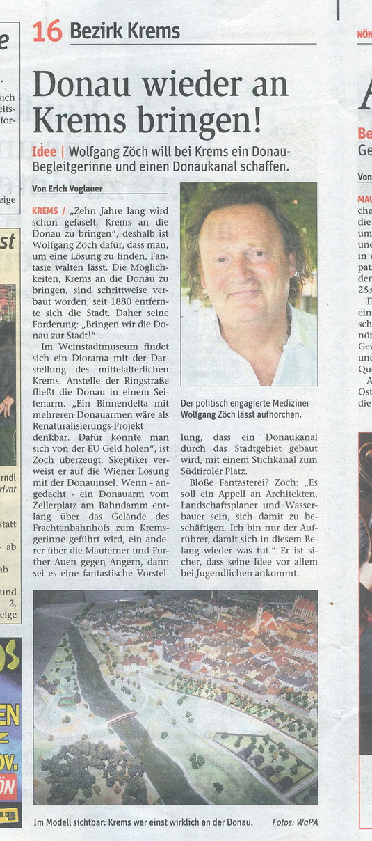 2die Donau an Krems heranbringen" appelliert Dr. Wolfgang Zöch. Der bericht erschien in der Postwurfausgabe der NÖN Krems.