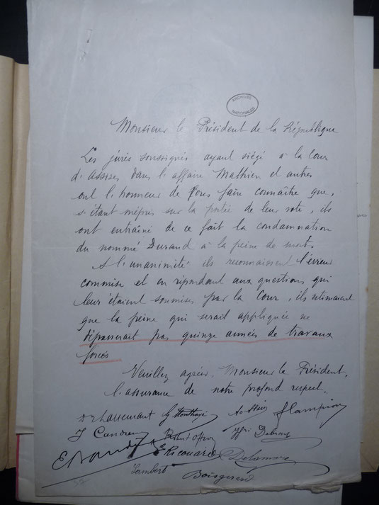 Lettre collective des jurés. Tragique méprise / sources archives nationales BB/24/20104
