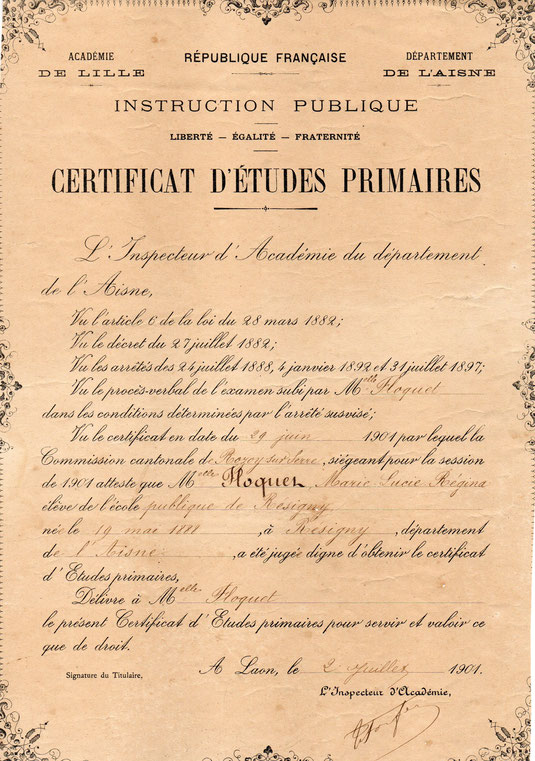 Certificat d'Etude Primaire de Lucie Floquet en 1901 à Résigny