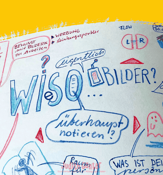 Sketchnote: Therapiesitzung – Der Klient verbirgt sich hinter einer Mauer des Schweigens. Der Therapeut, als Stift dargestellt, stellt eine Frage in den Raum. Der Klient sieht die Zeichnung und öffnet sich für das Gespräch. – Illustration Judith Ganter