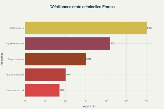 Graphique illustrant les principales défaillances méthodologiques qui compromettent la fiabilité des statistiques criminelles françaises