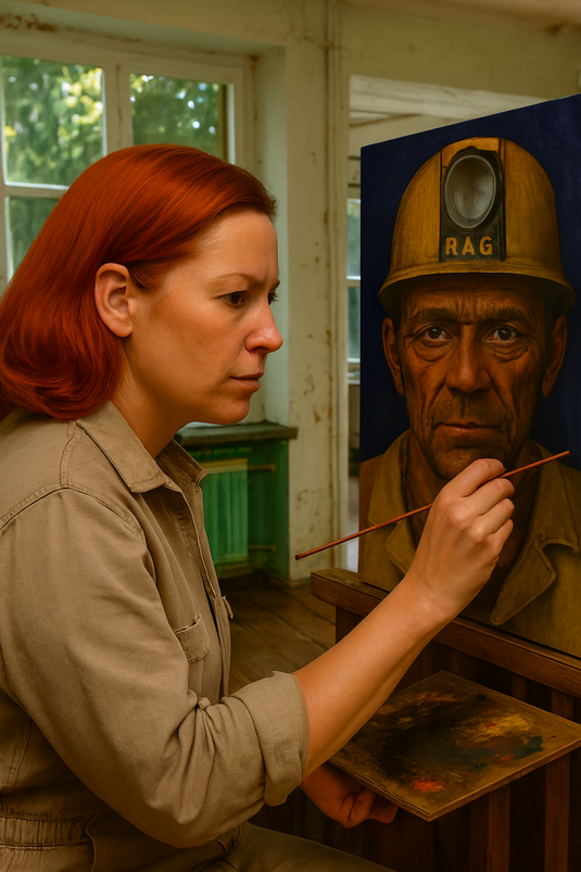 Anna Magganiks im Atelier in der Villa Artis in Mülheim an der Ruhr - beim Malen eines Bergmanns - Werkreihe "UNTER TAGE"