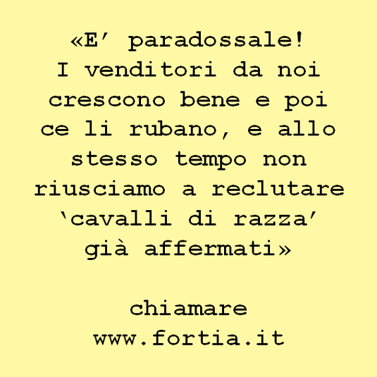 «E’ paradossale! I venditori da noi crescono bene e poi ce li rubano, e allo stesso tempo non riusciamo a reclutare ‘cavalli di razza’ già affermati»  chiamare www.fortia.it