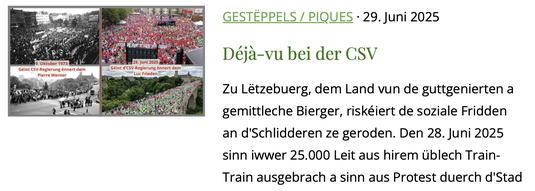 Satir iwwert déi grouss Gewerkschaftsmanifestatioun vun OGBL an LCGB den 28. Juni 2025, un där sech iwwer 25000 Demonstrante bedeelegt hunn.