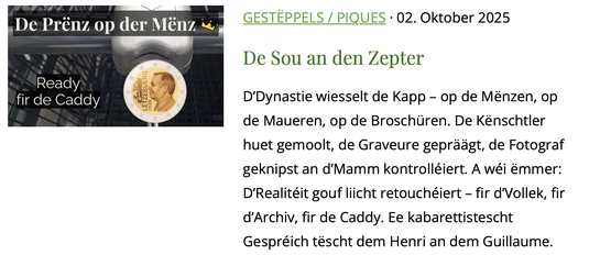 Satire op Luxembourg Jungle iwwert den Trounwiessel zu Lëtzebuerg, den 3. Oktober 2025.
