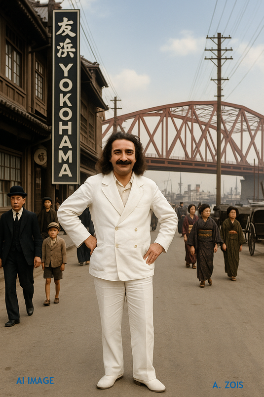 This is a AI produced image depicting Meher Baba in Yokohama, Japan, based on Baba's photo taken in Nanking, China in 1932. Image produced by Anthony Zois.