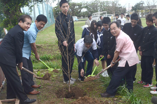 高さ1㍍60㌢ほどの宇宙桜の苗木を関係者が植樹。生徒も生きいきと作業した=名蔵小中学校