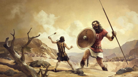 David en Goliath. Dit verhaal staat in de Bijbel in het boek I Samuel 17