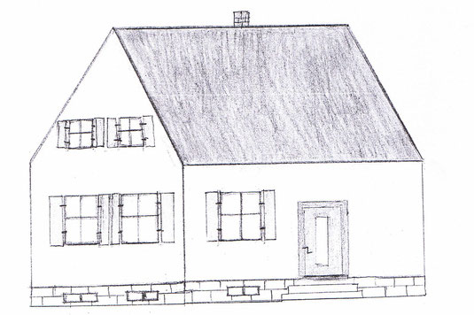 Siedlerhaus Obere Reihe – Zeichnung von Siedlerkind Wilhelmine Gauer (Tochter von Heinrich Gauer und Maria Schweißthal) aus Siedlung 19