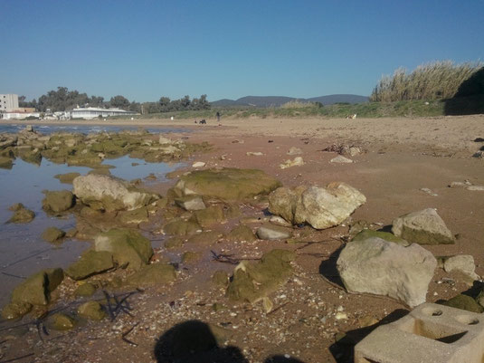 Litorale roccioso davanti al castello di Santa Severa. Spiaggia sabbiosa a sinistra.