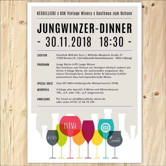 Wein, Weinplakat, Dinner, Weinprobe, Jungwinzer, Grafikdesign, Kesselliebe, KSK Vintage Winery, Stuttgart, Gourmet,