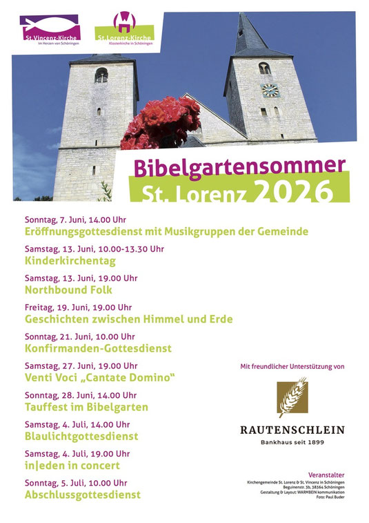 Plakat „Bibelgartensommer St. Lorenz 2026" mit Kirchturm-Foto der St.-Lorenz-Kirche Schöningen und Programmübersicht Juni/Juli 2026.
