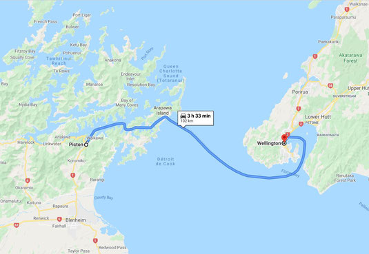- Trajet ferry Picton - Wellington - Image depuis Google Map -