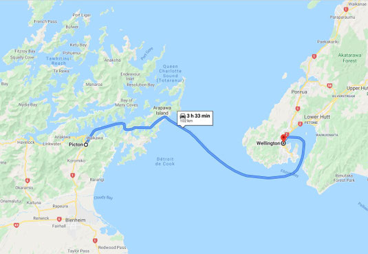 - Trajet ferry Picton - Wellington - Image depuis Google Map -