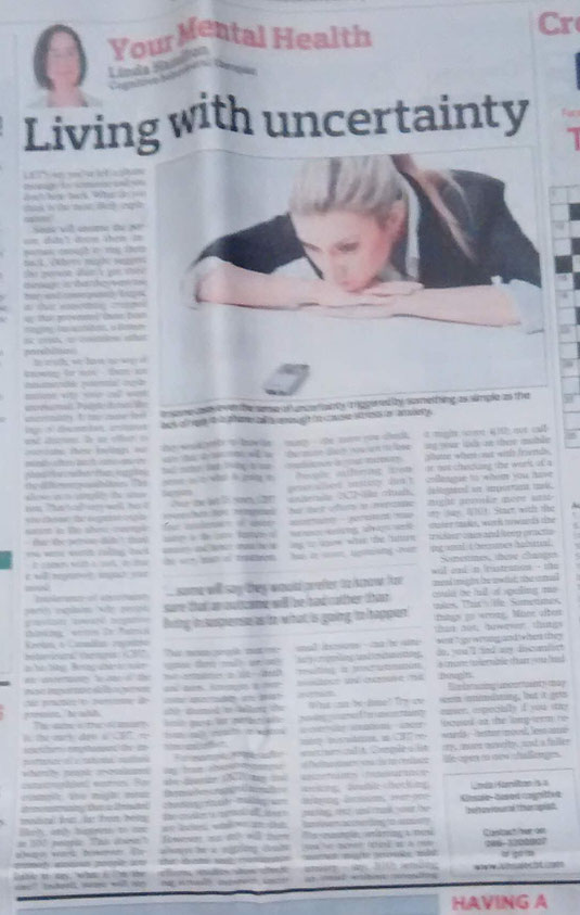Linda Hamilton's Southern Star column on CBT and tolerating uncertainty.