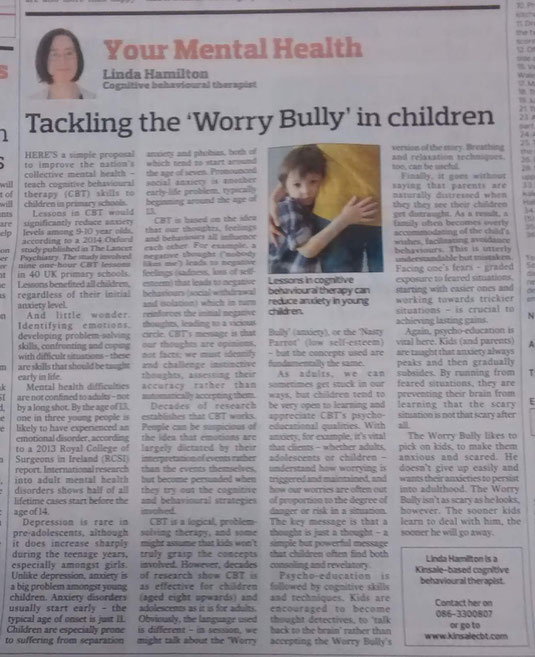 Linda Hamilton's Southern Star column on CBT for anxious children. 