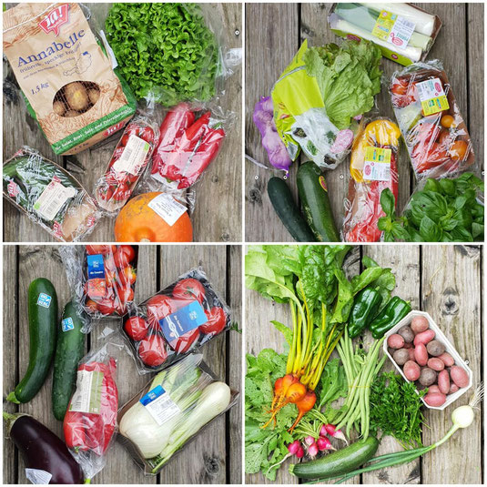Beispiel eines kleinen Gemüse-Abos unten links: gelbe Bete "Boldor" mit Blättern, Paprika "Poblano", Kartoffelvielfalt, aromatische Petersilie, Fisolen "Cobra" mit Bohnenkraut, Zucchini, Zwiebel "Dakota Tear", Radieschen "French Breakfast"