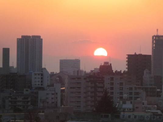 当協会から見た中野方面の街並みと夕陽