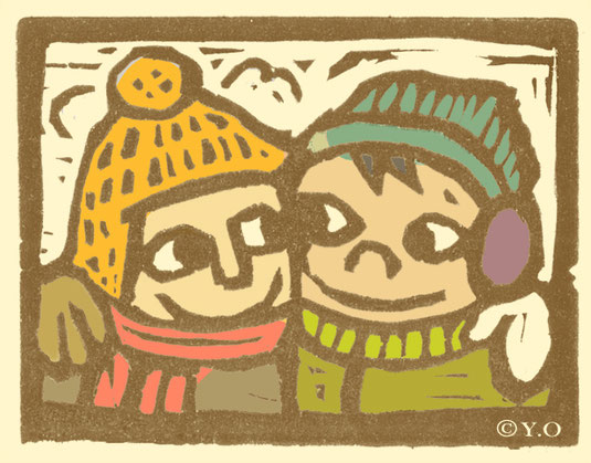 消しゴム版画　kids in winter