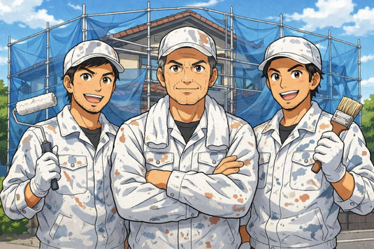 一級技能士を持っている塗装会社の社長と若手現場職人イラスト