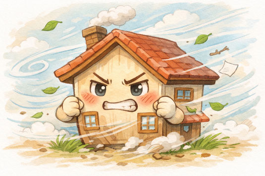 外壁・屋根に厳しい環境にさらされて耐えている一軒家のイメージイラスト