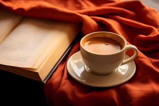 オレンジ色のストールのうえに広げられた洋書とコーヒーの入ったカップ＆ソーサ。