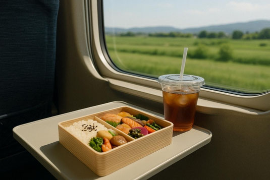 新幹線の席。テーブルに駅弁とテイクアウトのお茶。出張中。