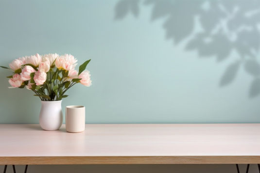 テーブルに飾られた薄いピンク色のバラの花瓶。隣にマグカップが置かれている。