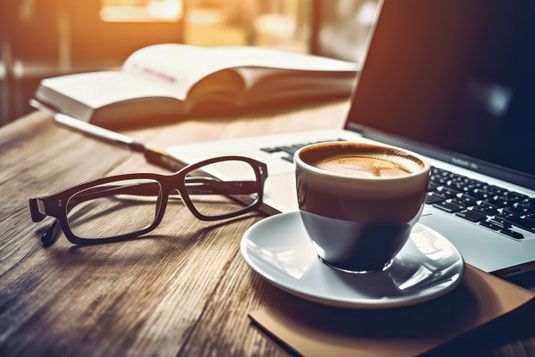 カフェのテーブルに広げられたノートパソコンと資料。コーヒーカップと黒縁眼鏡。出張中。