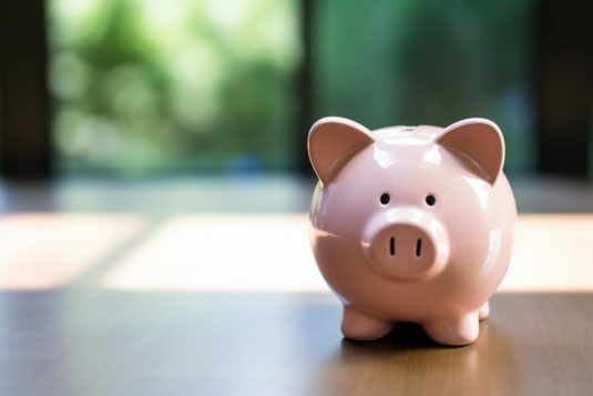 テーブルに置かれたピンク色のぶたの貯金箱。