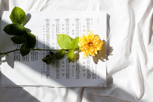 白いクロスのかけられたテーブルに置かれた一枚の楽譜と一輪の黄色のバラの花。