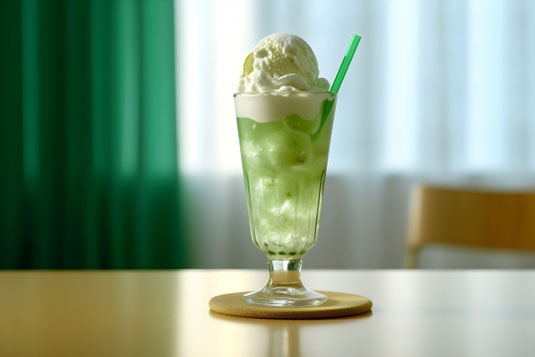 リビングテーブルにクリームソーダのグラス。休日。