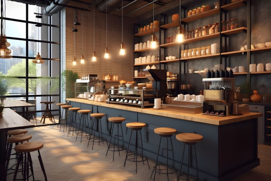 おしゃれなカフェの店内。カウンターテーブル。