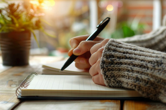 リングメモにペンで書き込む女性の指先。セーター姿。