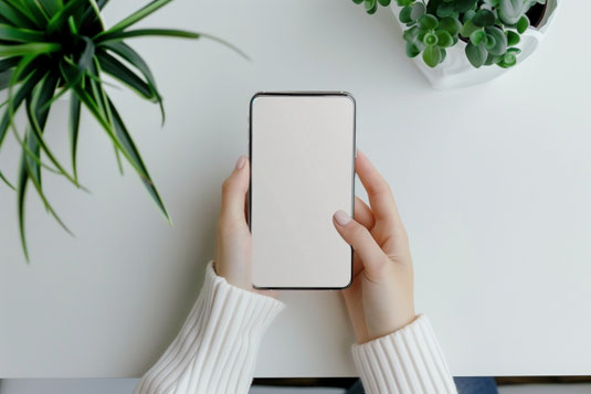テーブルの前でスマートフォンを両手で持つセーター姿の女性。グリーンの鉢植。