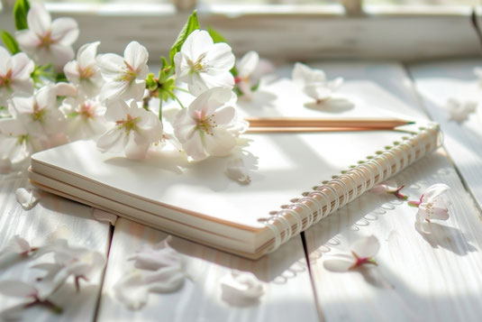 厚みのあるリングノートの上に置かれた鉛筆と桜の小枝。窓から明るい陽射しが降り注ぐテーブル。