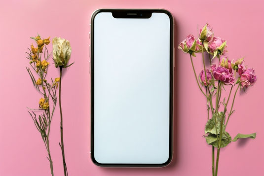 スマートフォンとパステルカラーの花たち。