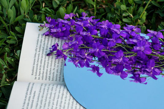 緑の草原に広げられた本。そのうえに無造作に置かれた紫色の花と鏡。鏡に青空が映し出されている。