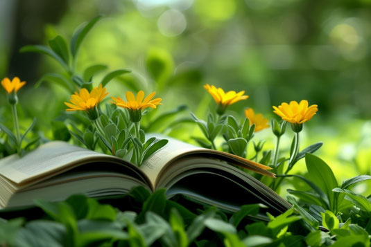ページがめくられた本とオレンジ色の花とグリーン。