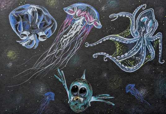 Skizze mit Polychromos "Tiere der Tiefsee": schwarzes Papier, darauf Quallen, Oktopus, Tiefseefisch