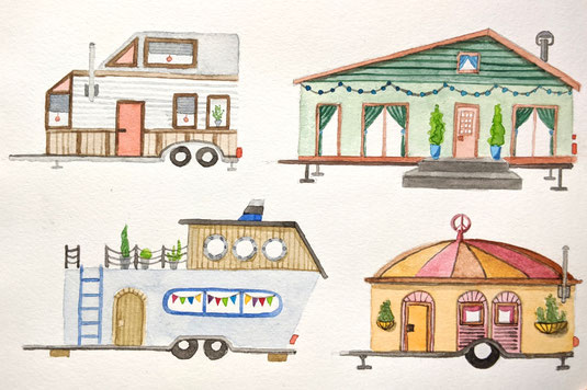 Aquarellskizze "Tiny Houses": vier kleine Häuser auf Rädern in unterschiedlicher Farbe und Gestaltung