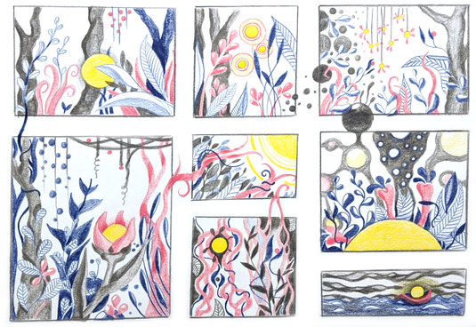 Comic "Story of a little light": gelbes Licht taucht in allen Paneelen auf, umgeben von blauen, grauen und rosa Ranken und Blättern