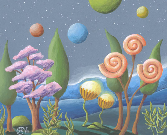 Gouachebild "Wunderland": Fantasielandschaft mit Fantasiebäumen in bunten Farben, im Hintergrund Bergketten und Sternenhimmel