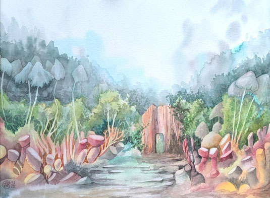 Aquarellbild "Felstor im Pilzwald": abgerundetes Felstor umgeben von Wald und Pilzwald, im Vordergrund warm leuchtende Korallenstrukturen