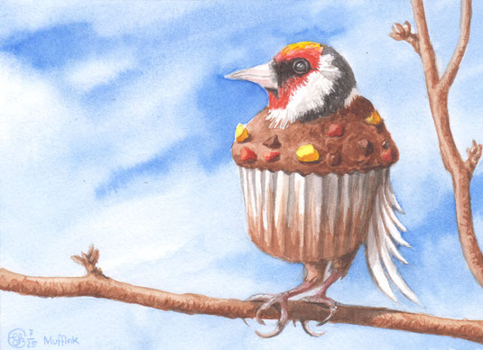 Aquarellbild "Muffink": Kombination von Muffin und Fink, sitzend auf dünnem Ast vor blauem Himmel mit weißen Wolken
