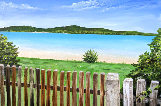 Acrylbild "Wörthsee": Blick auf den See bei blauem Himmel, im Vordergrund ein Holzzaun