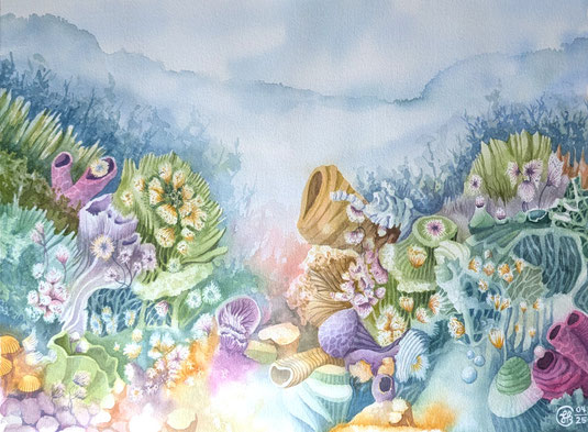 Aquarellbild "Korallenleuchten": Im Vordergrund prächtige Fantasiekorallen in teils leuchtenden Farben
